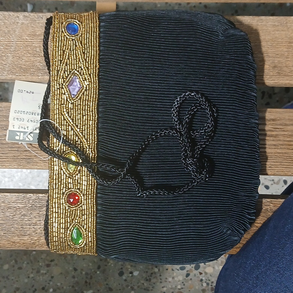 Vintage Michelle Stuart Handbag Purse Small Black Textured Beading & Jewels - Picture 4 of 4